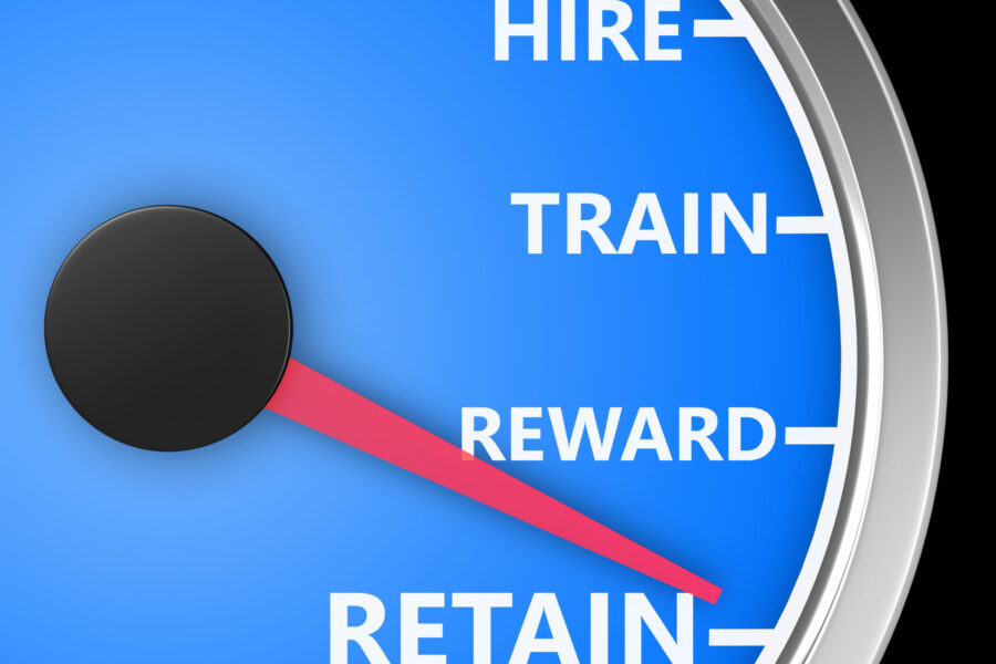 Hire Train Reward Retain words on a speedometer to illustrate human resources best practices processes for new employees 3d rendering