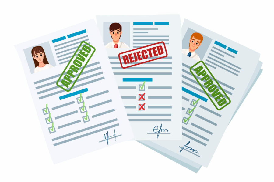 Application documents with rejected and approved stamp. Rejected and approval application or resume. Paper form with checkboxes and photo. Flat vector illustration on white background.
