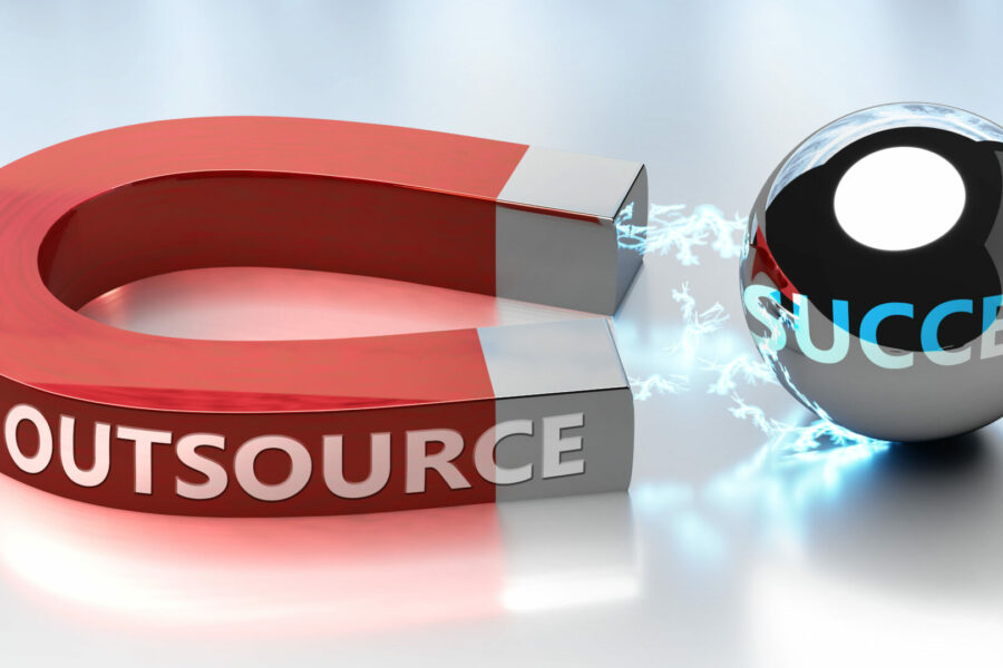 Outsource helps achieving success - pictured as word Outsource and a magnet, to symbolize that Outsource attracts success in life and business, 3d illustration.